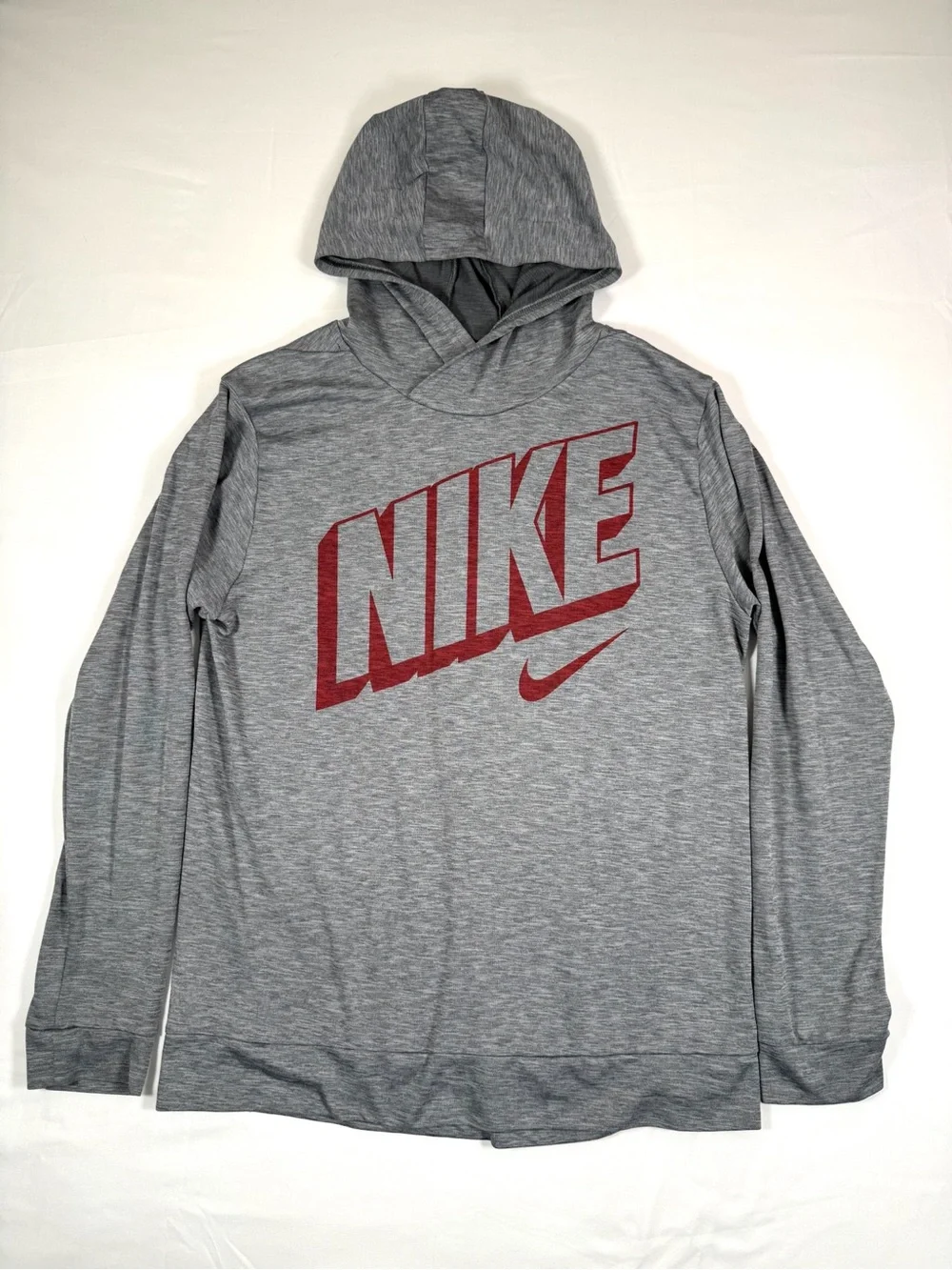 NIKE Youth Dri Fit Hoodie Boys XL Gray Red Logo Athletic Pullover